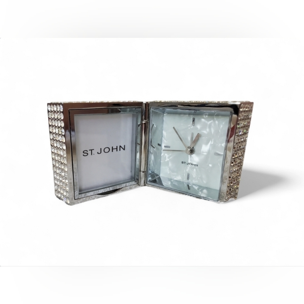 Saint John Mother of Pearl, Jeweled, Hinged Desk Clock With a Photo Insert